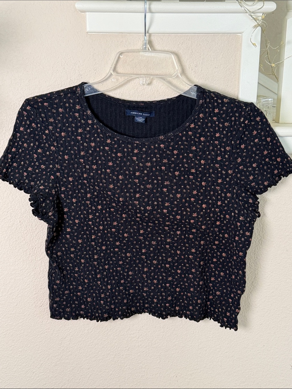 American Eagle Outfitters Black Ribbed Crop Top with Pink Floral Print